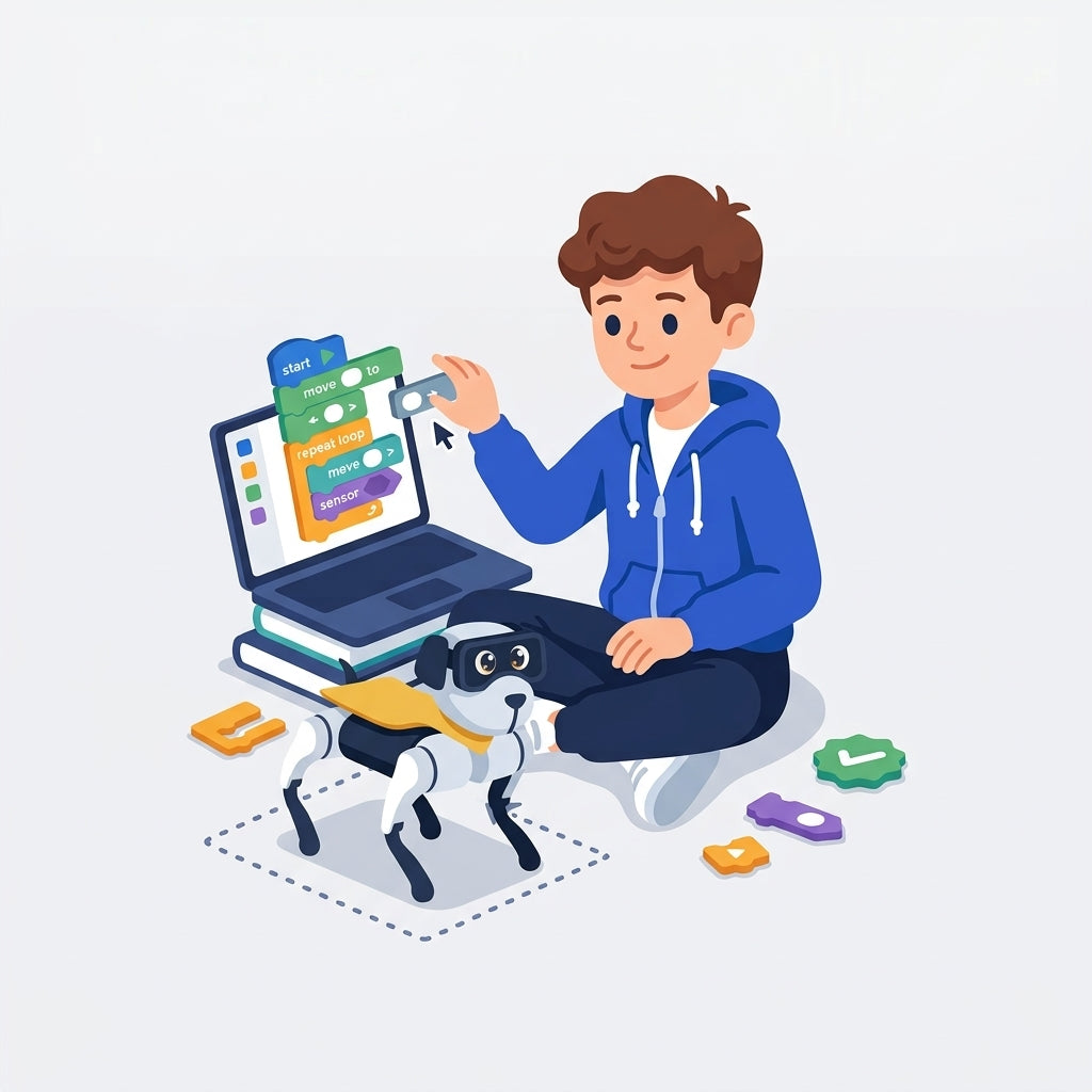 Illustration of a student coding blocks for a robot dog