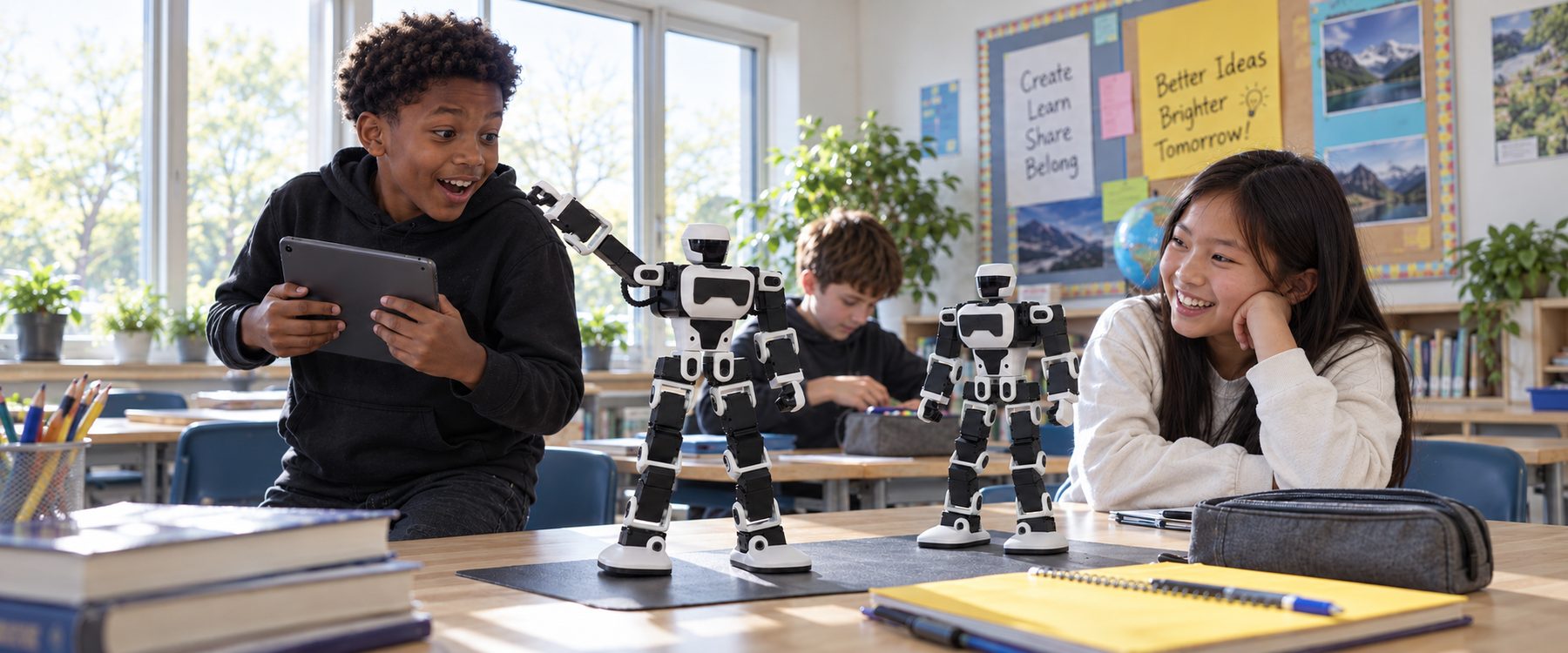 Students in a classroom playing with two FF Nova Mini robots