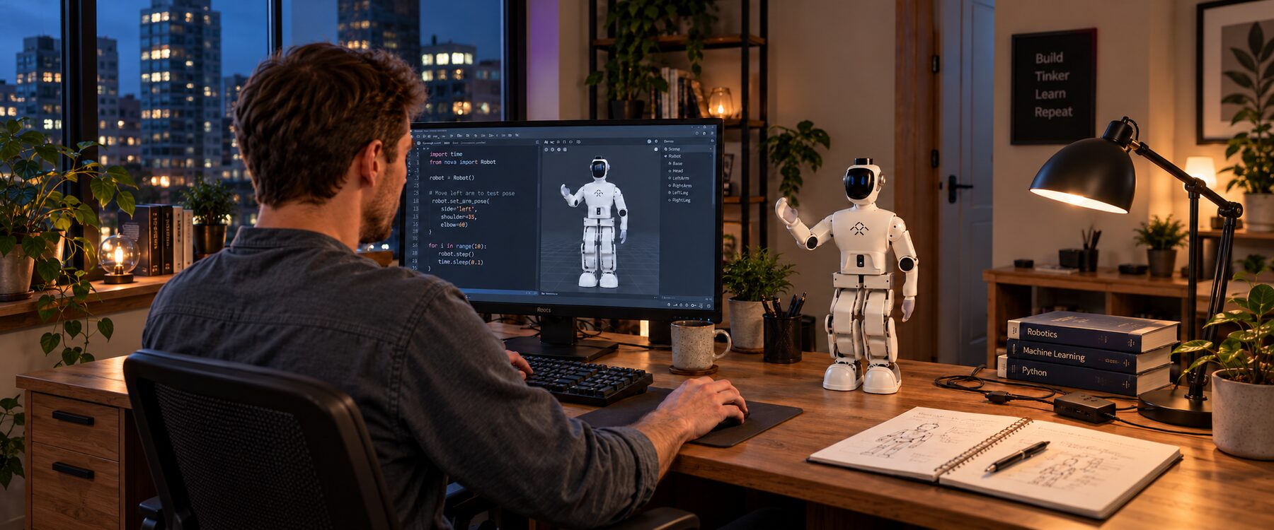 A developer at his desk coding while FF Nova stands beside the monitor