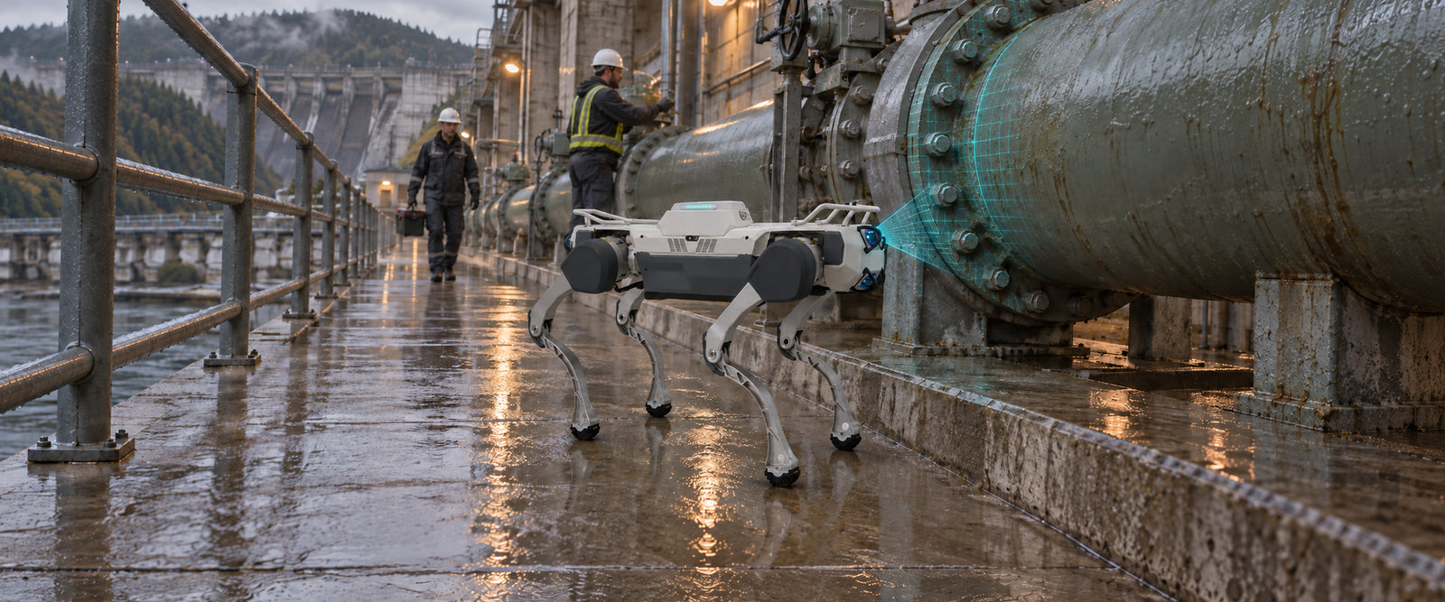 FX Aegis Hyper inspecting a wet hydroelectric pipeline walkway alongside workers
