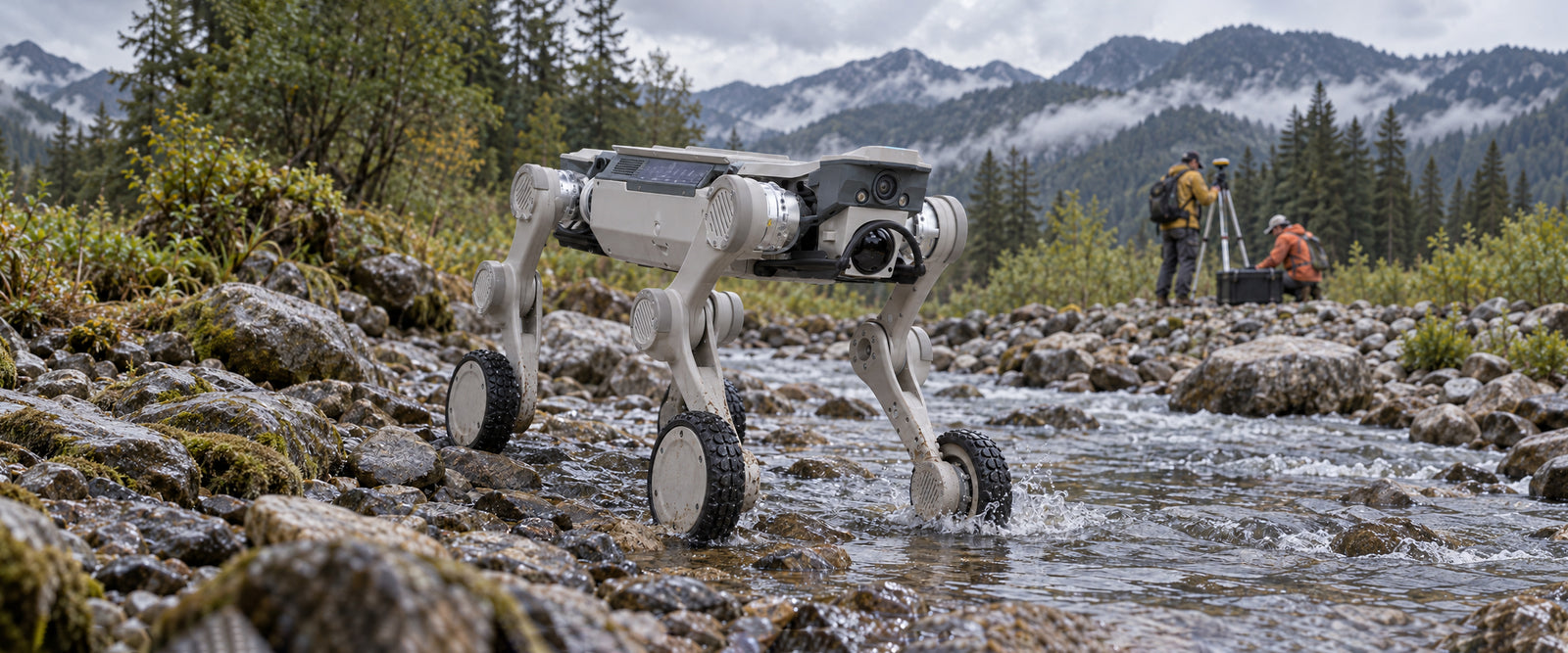 FX Aegis Mega crossing a rocky mountain stream on its wheeled legs