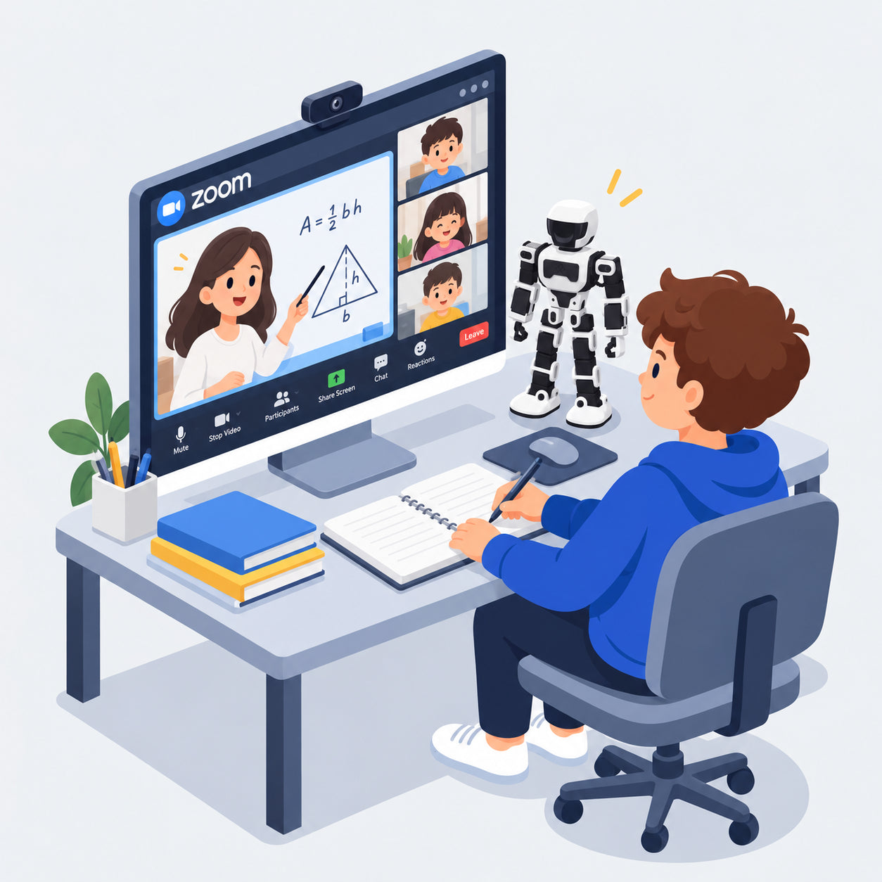 Illustration of a child in a live Zoom class with Nova Mini on the desk